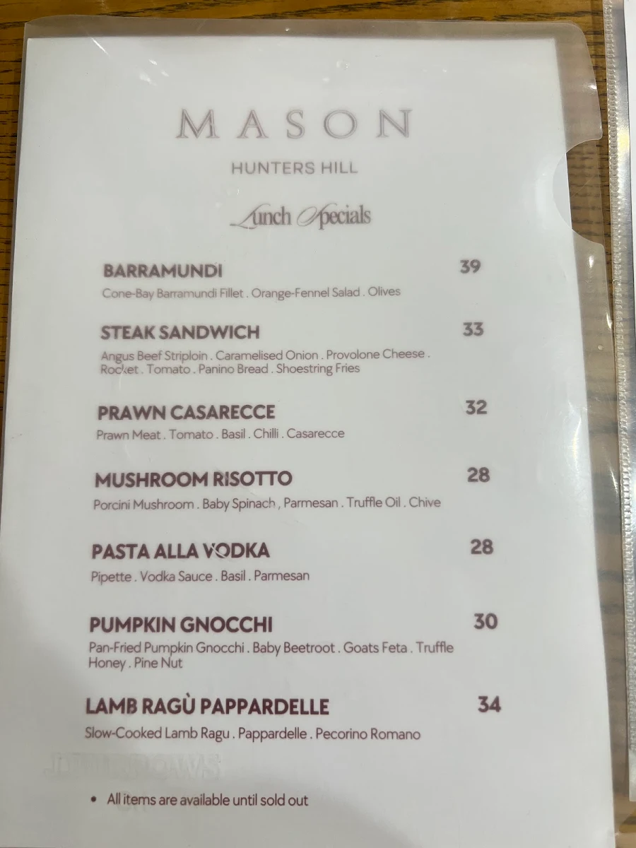 Menu, Mason Café Hunters Hill