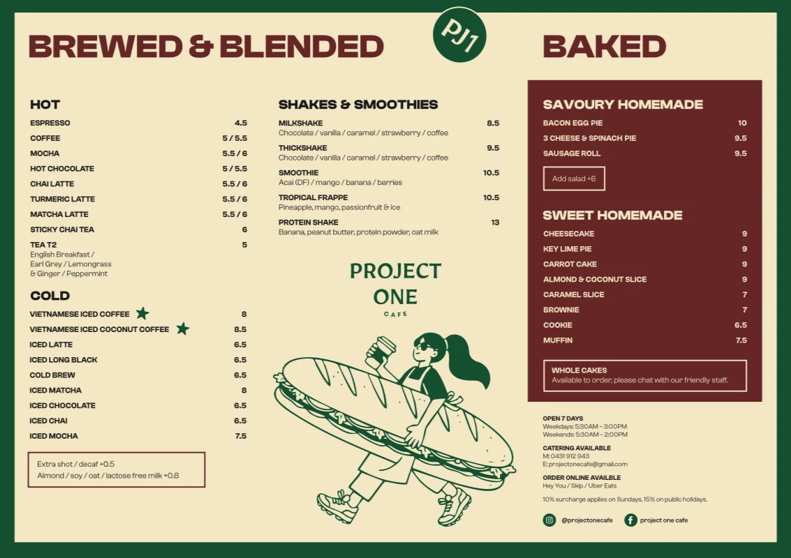 Menu, Project One Cafe
