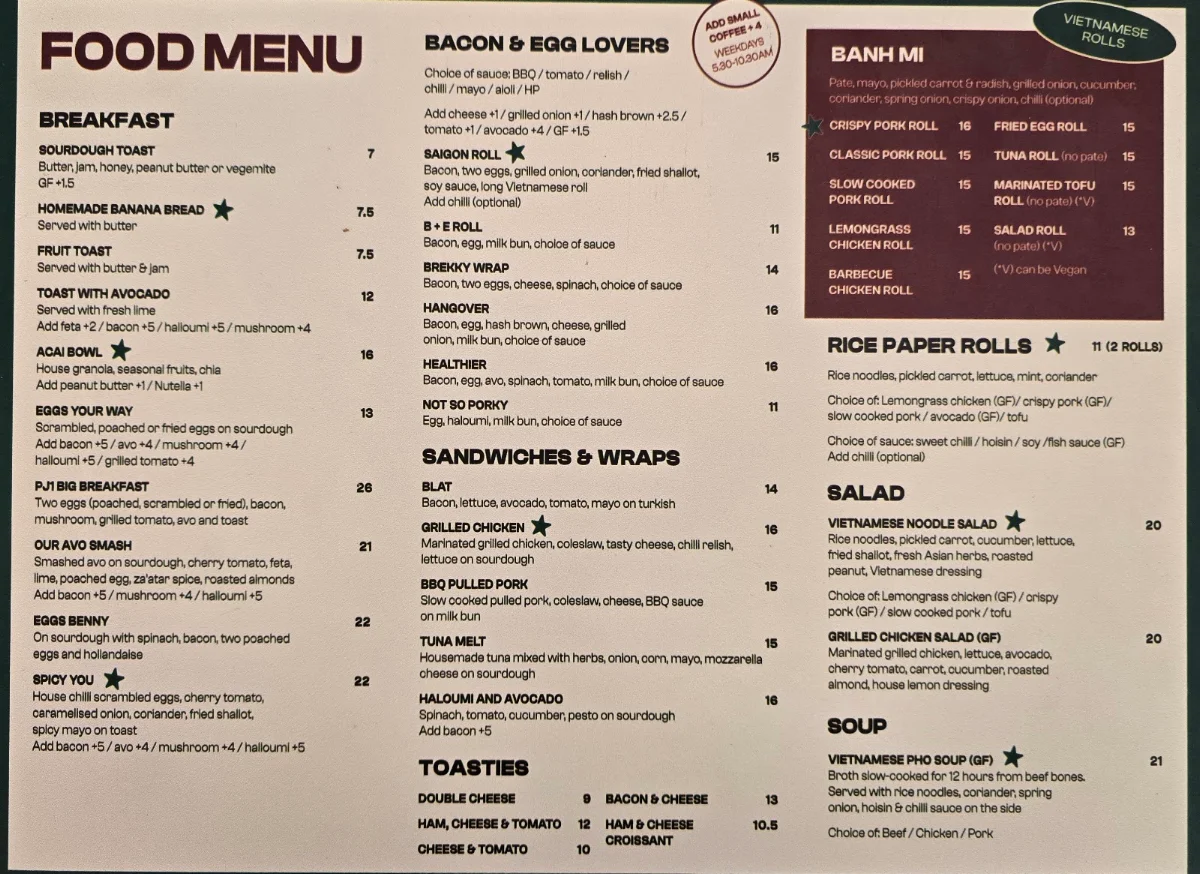 Menu, Project One Cafe