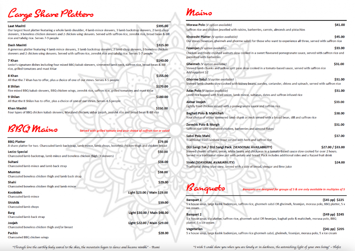 Menu, Lezizz Restaurant