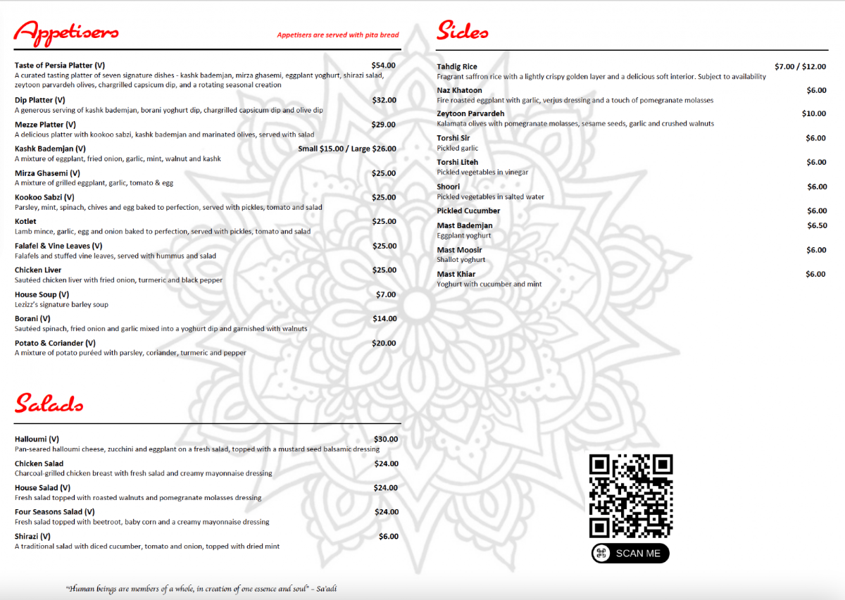 Menu, Lezizz Restaurant