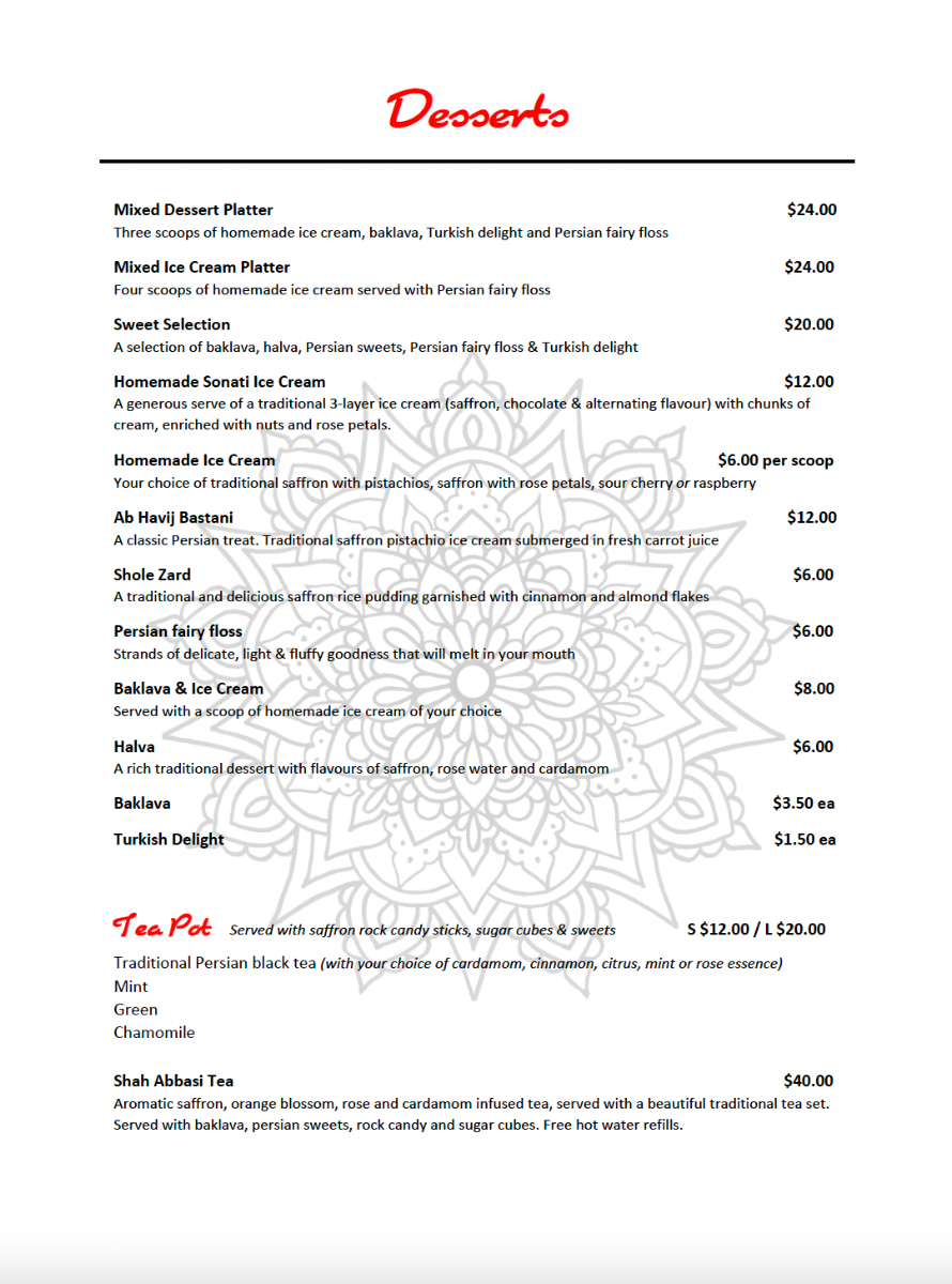 Menu, Lezizz Restaurant