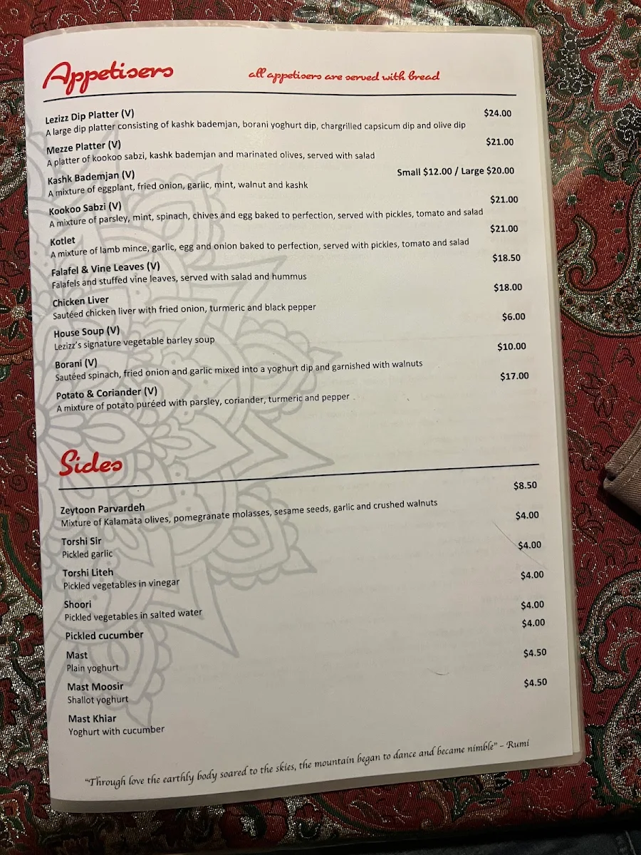 Menu, Lezizz Restaurant