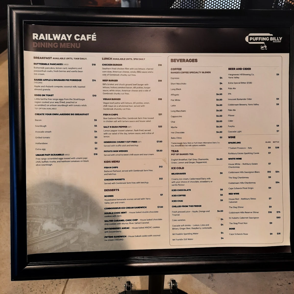 Menu, Railway Café
