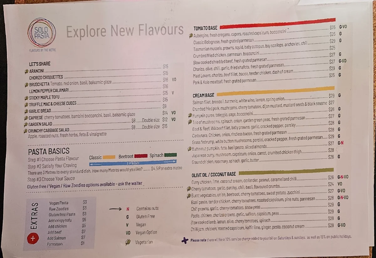 Menu, Solo Pasta
