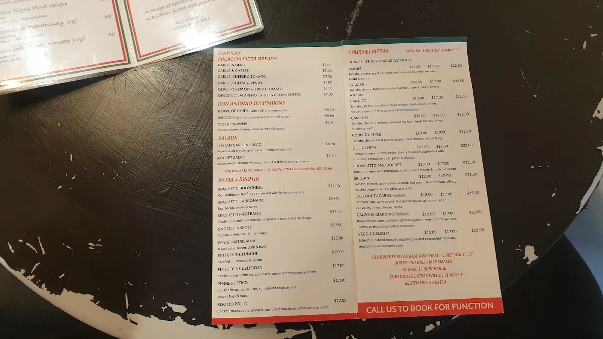 Menu, Don Antonio restaurant