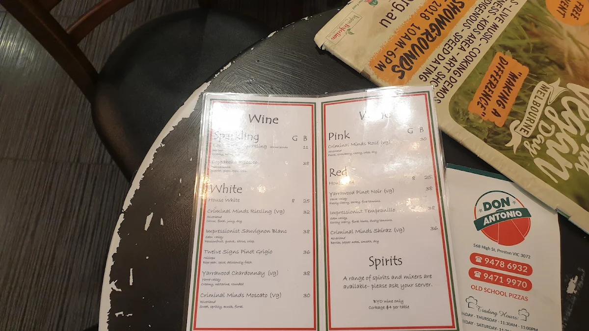 Menu, Don Antonio restaurant