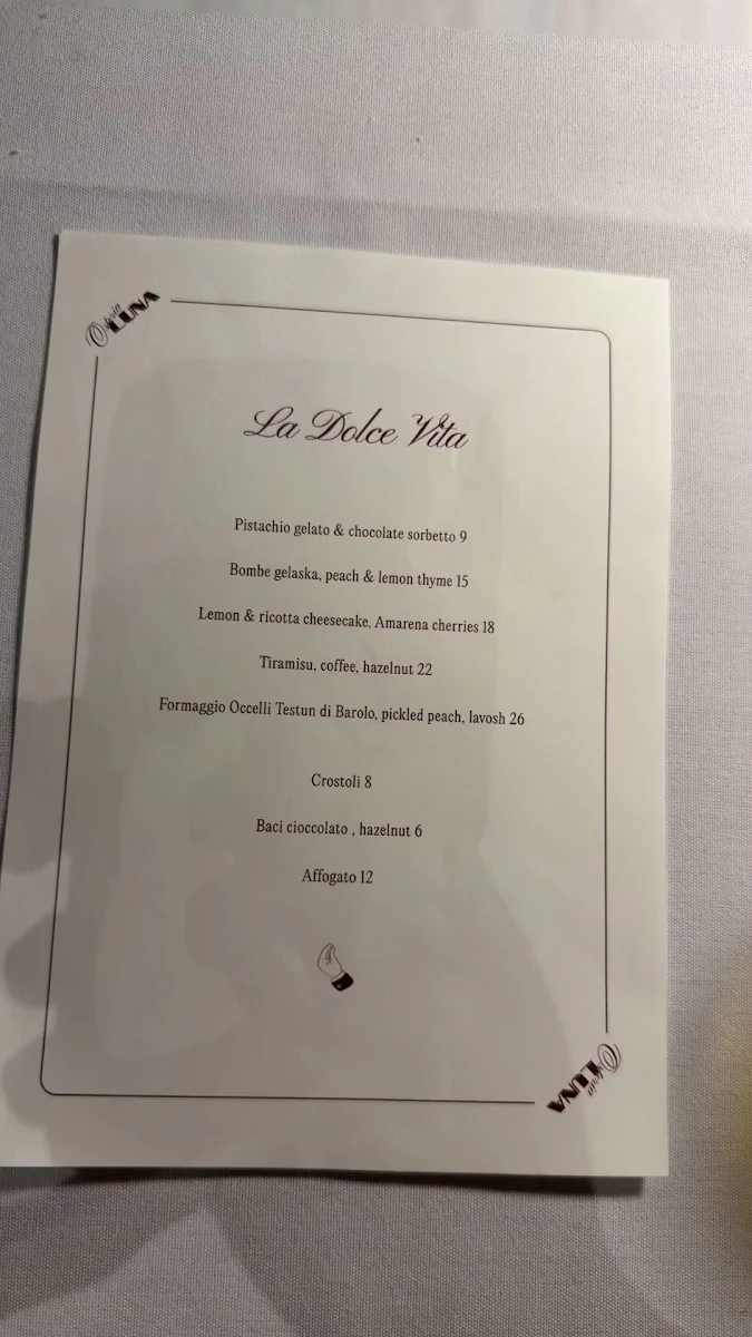 Menu, Osteria Luna