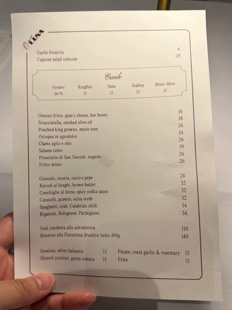 Menu, Osteria Luna