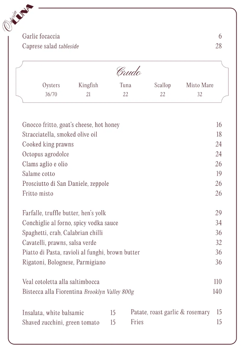 Menu, Osteria Luna