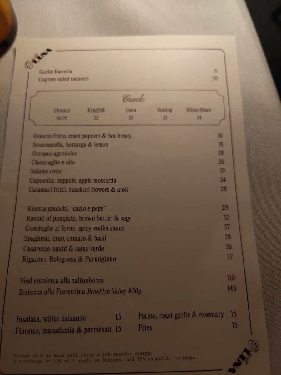 Menu, Osteria Luna