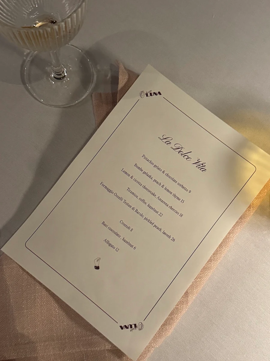 Menu, Osteria Luna