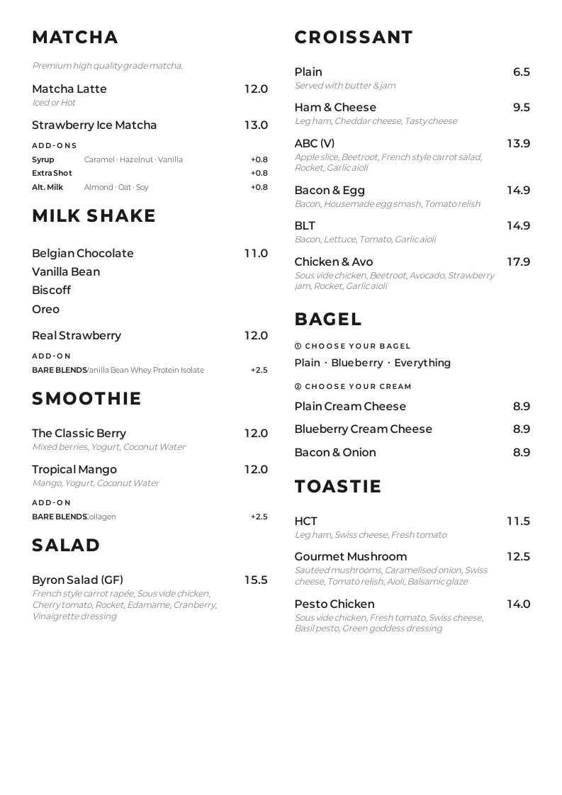 Menu, 44 Byron The Gallery Cafe