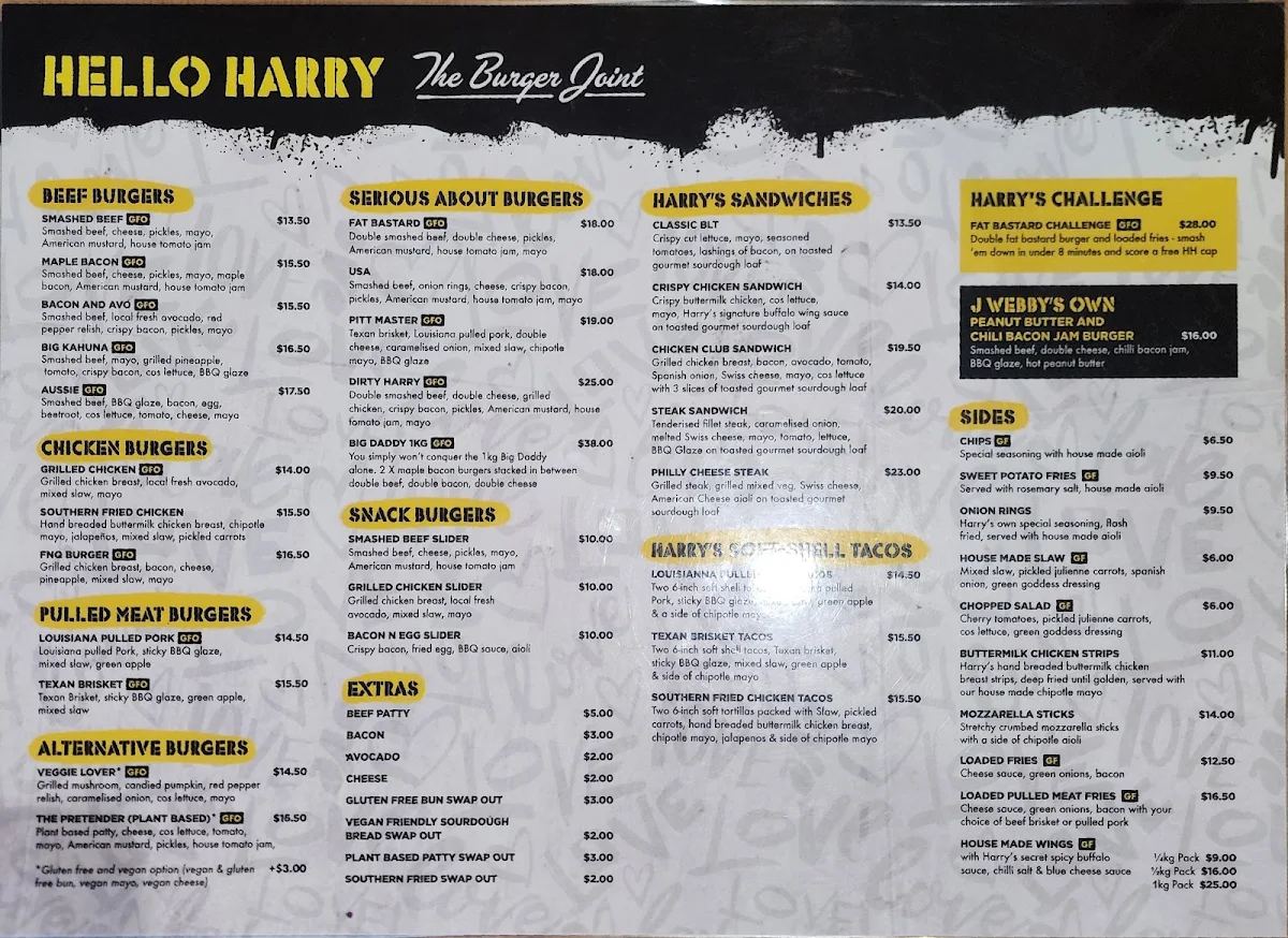 Menu, Hello Harry The Burger Joint (Dickson)