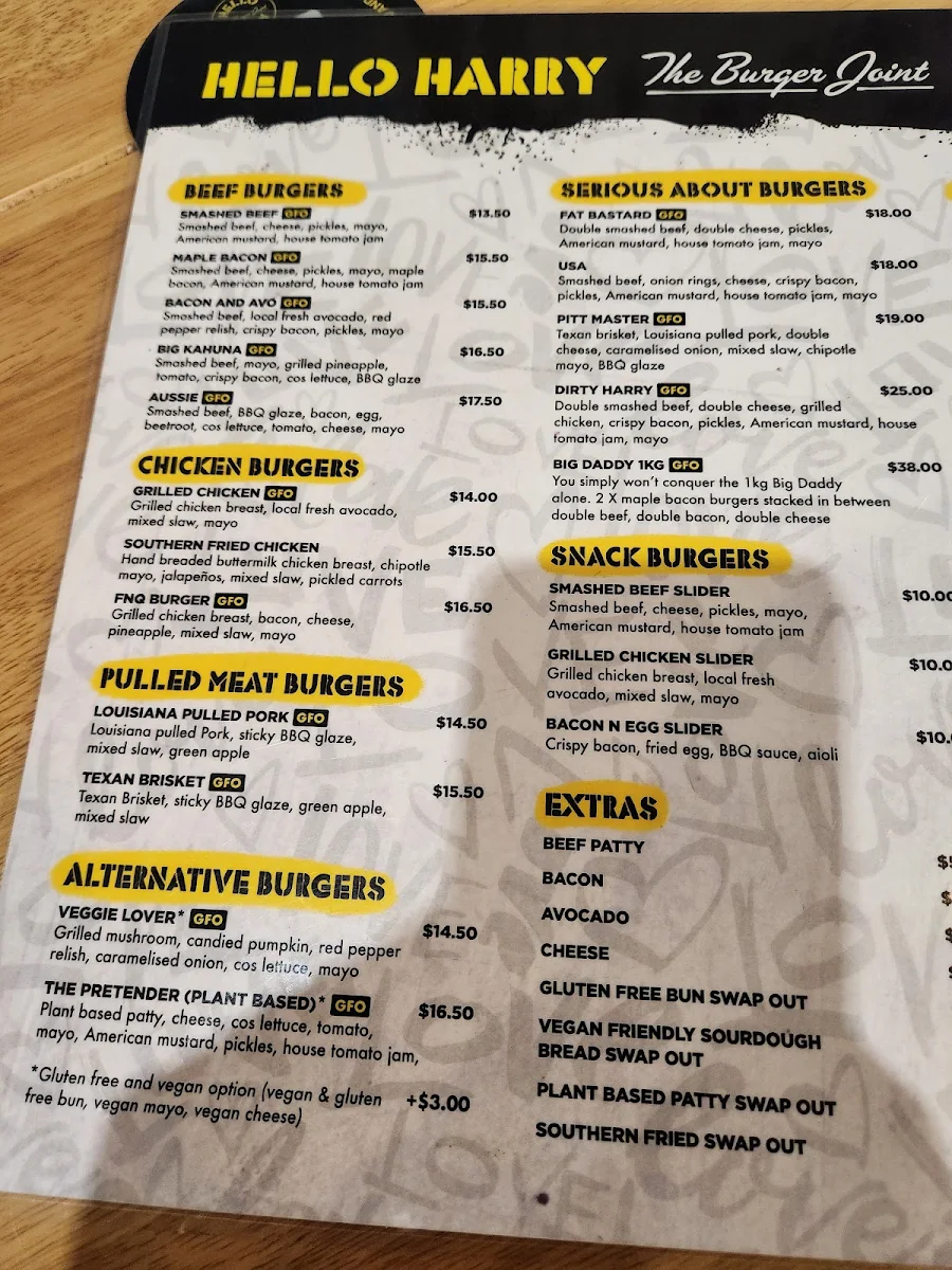Menu, Hello Harry The Burger Joint (Dickson)