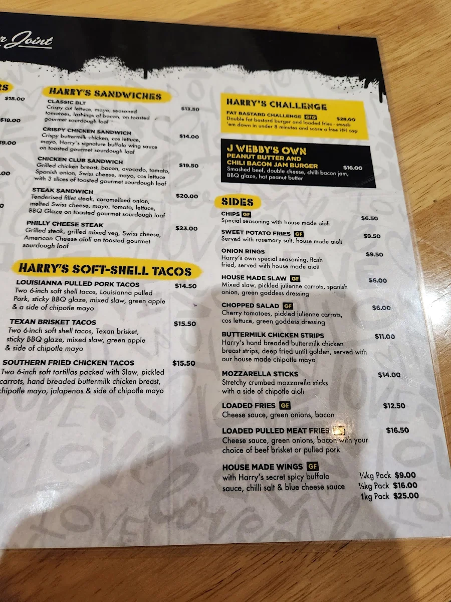 Menu, Hello Harry The Burger Joint (Dickson)