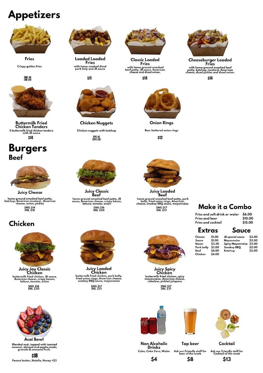 Menu, Juicy Burgers