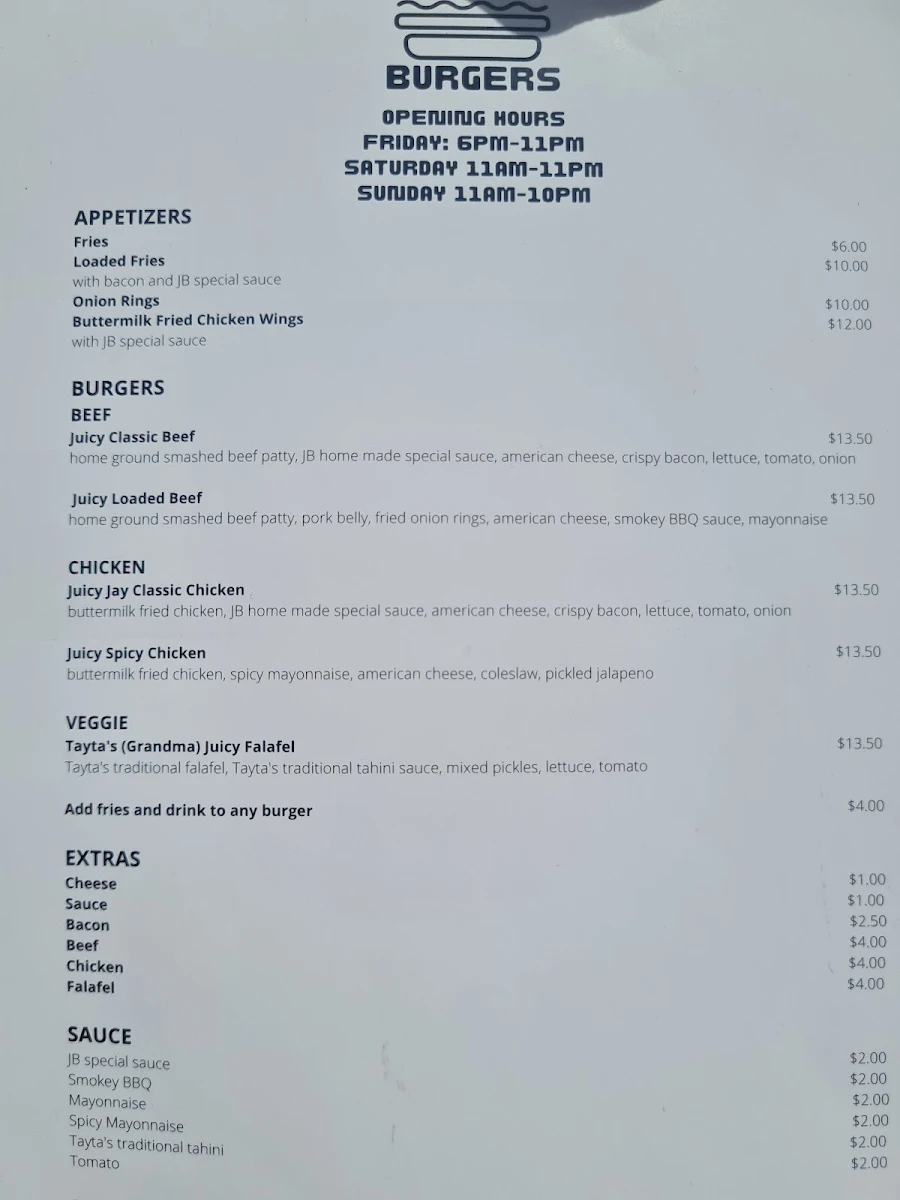 Menu, Juicy Burgers