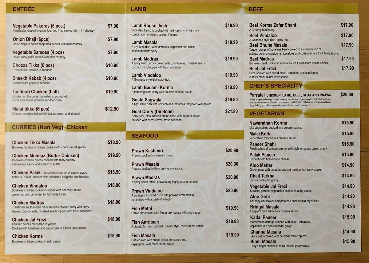 Menu, D'Tandoori Indian Restaurant