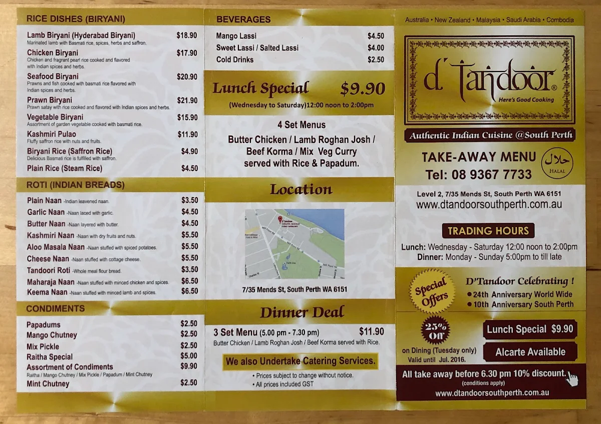 Menu, D'Tandoori Indian Restaurant
