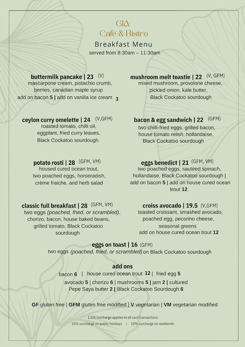 Menu, Gia Cafe & Bistro