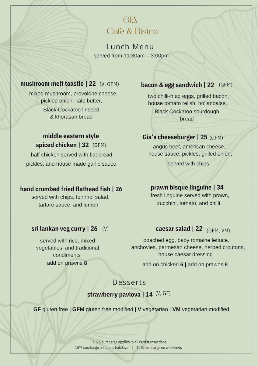 Menu, Gia Cafe & Bistro