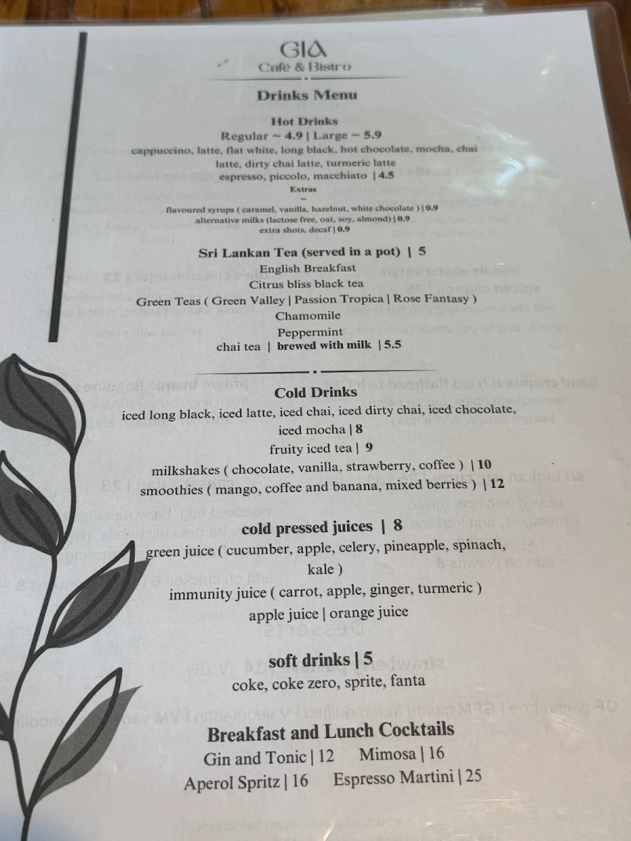 Menu, Gia Cafe & Bistro