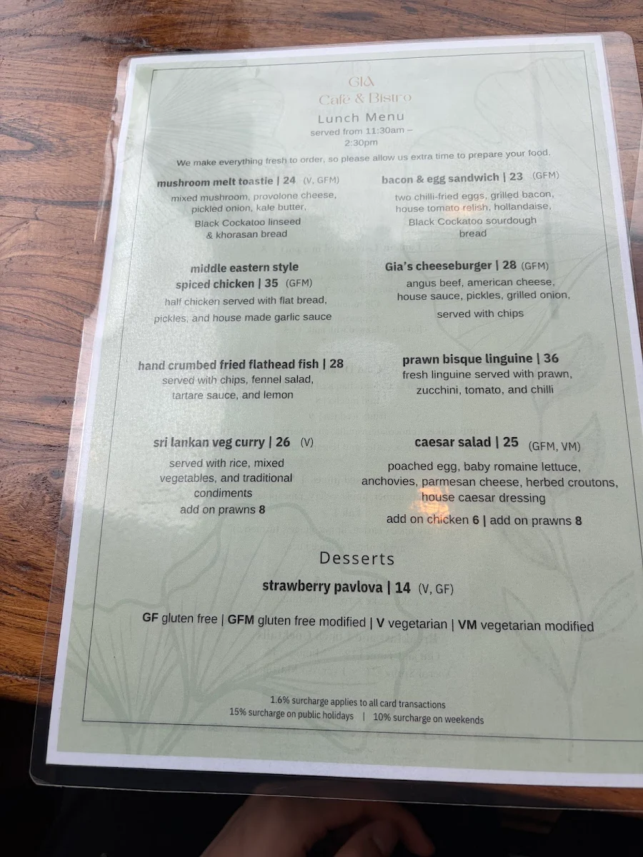 Menu, Gia Cafe & Bistro