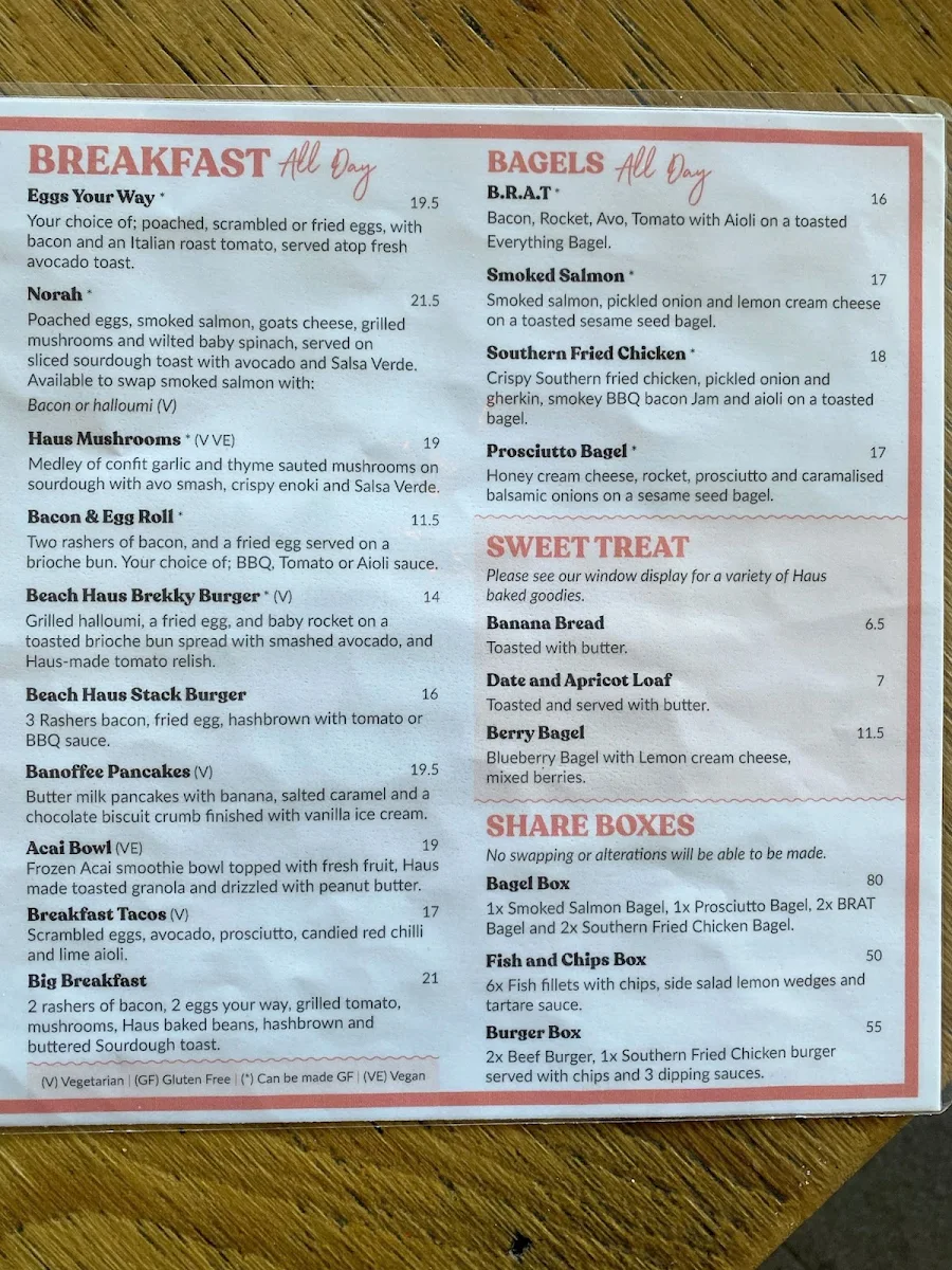 Menu, Norah Head Beach Haus (Cafe & Takeaway)