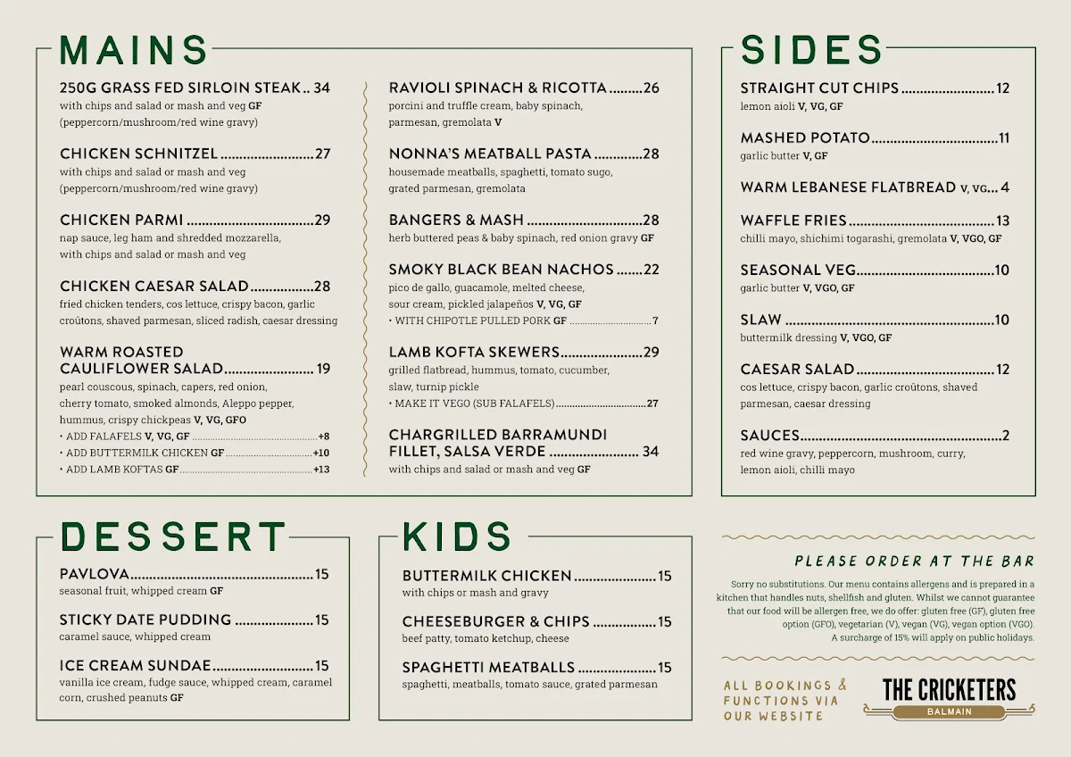 Menu, The Cricketers Balmain