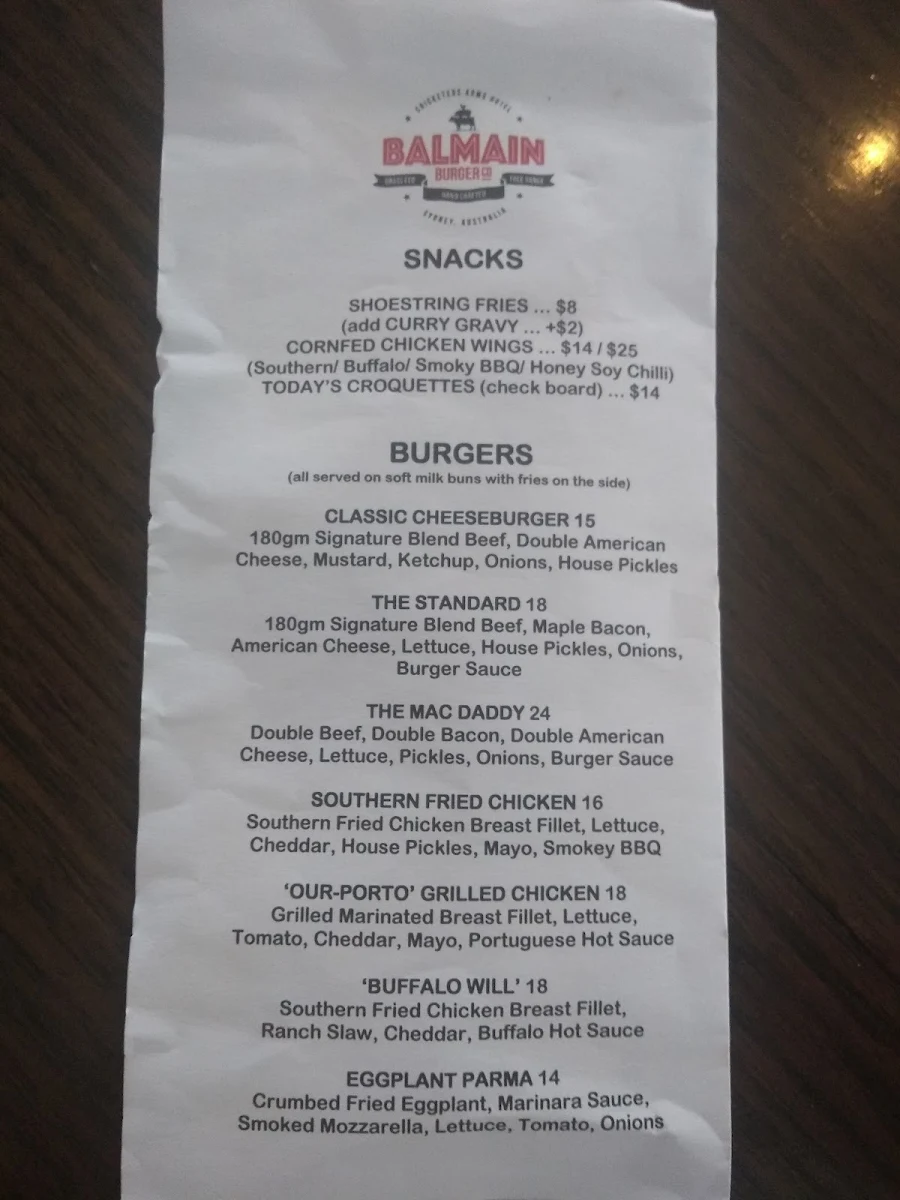 Menu, The Cricketers Balmain