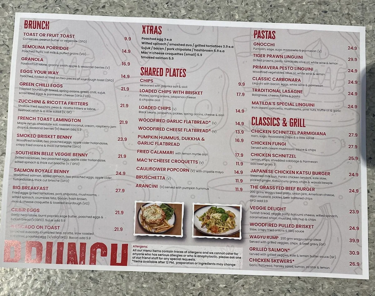 Menu, Matilda’s Cafe Woodfired Kitchen & Bar