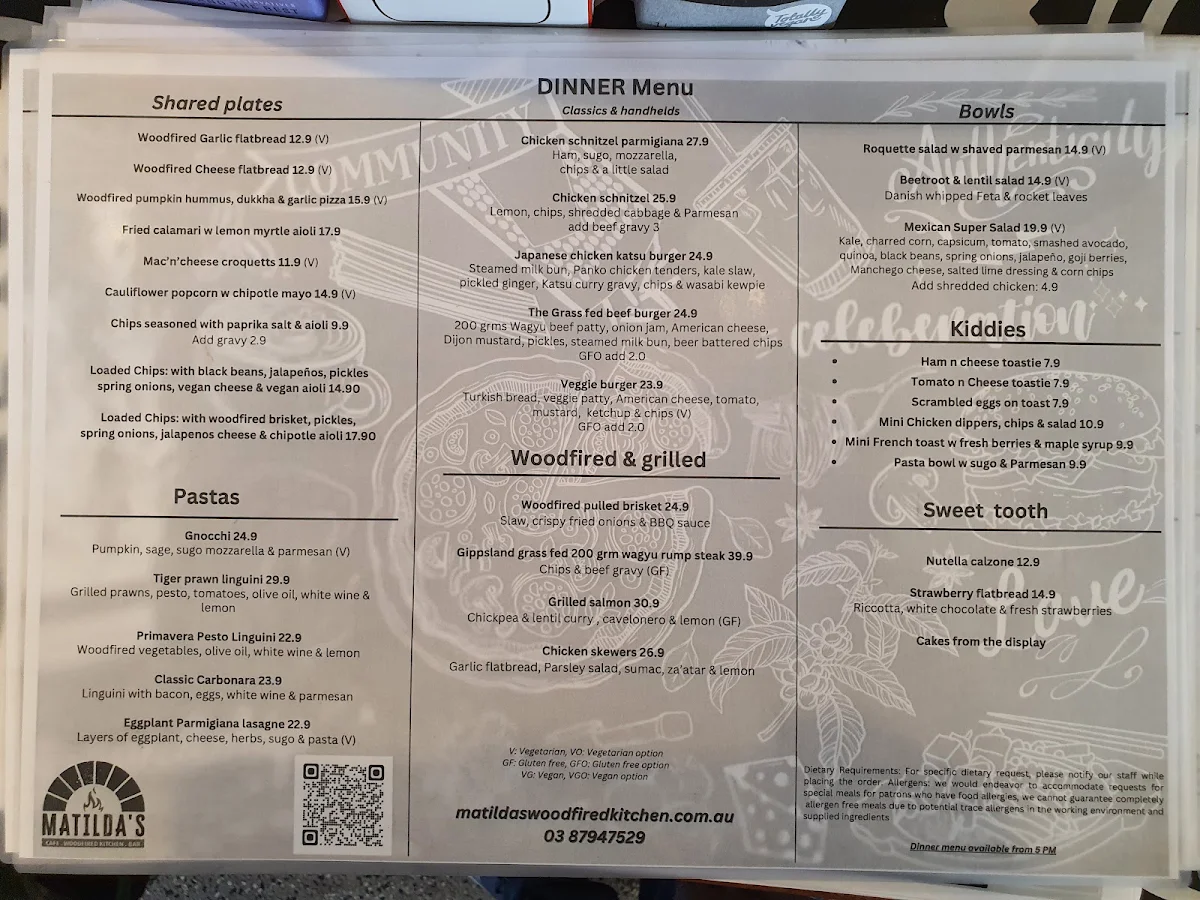 Menu, Matilda’s Cafe Woodfired Kitchen & Bar