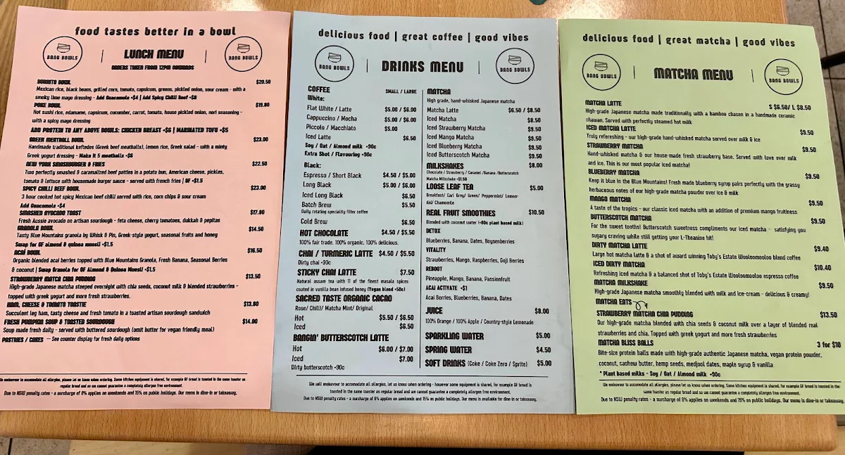 Menu, Bang Bowls
