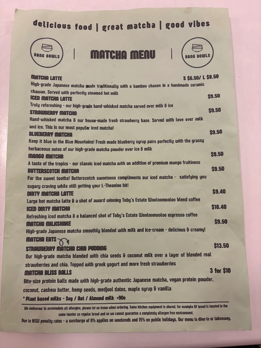 Menu, Bang Bowls