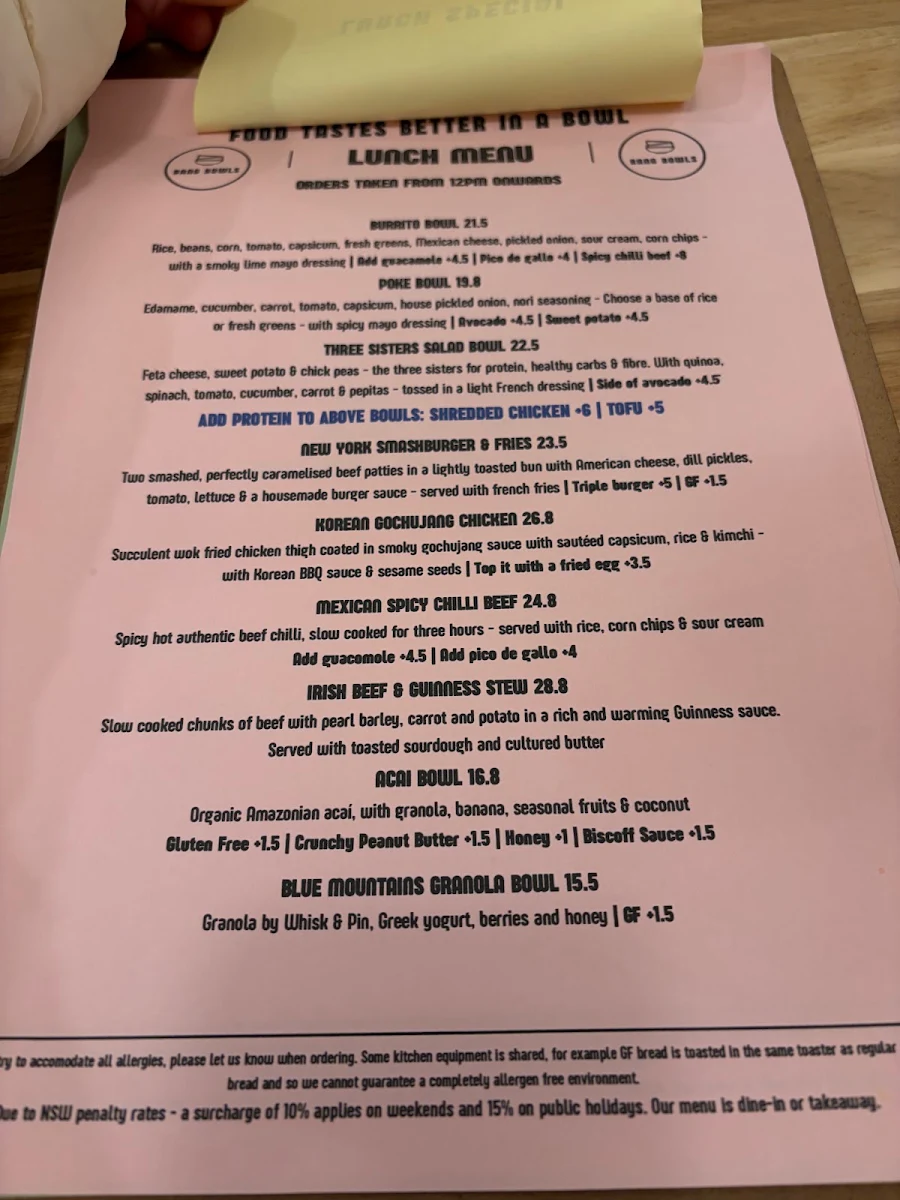 Menu, Bang Bowls