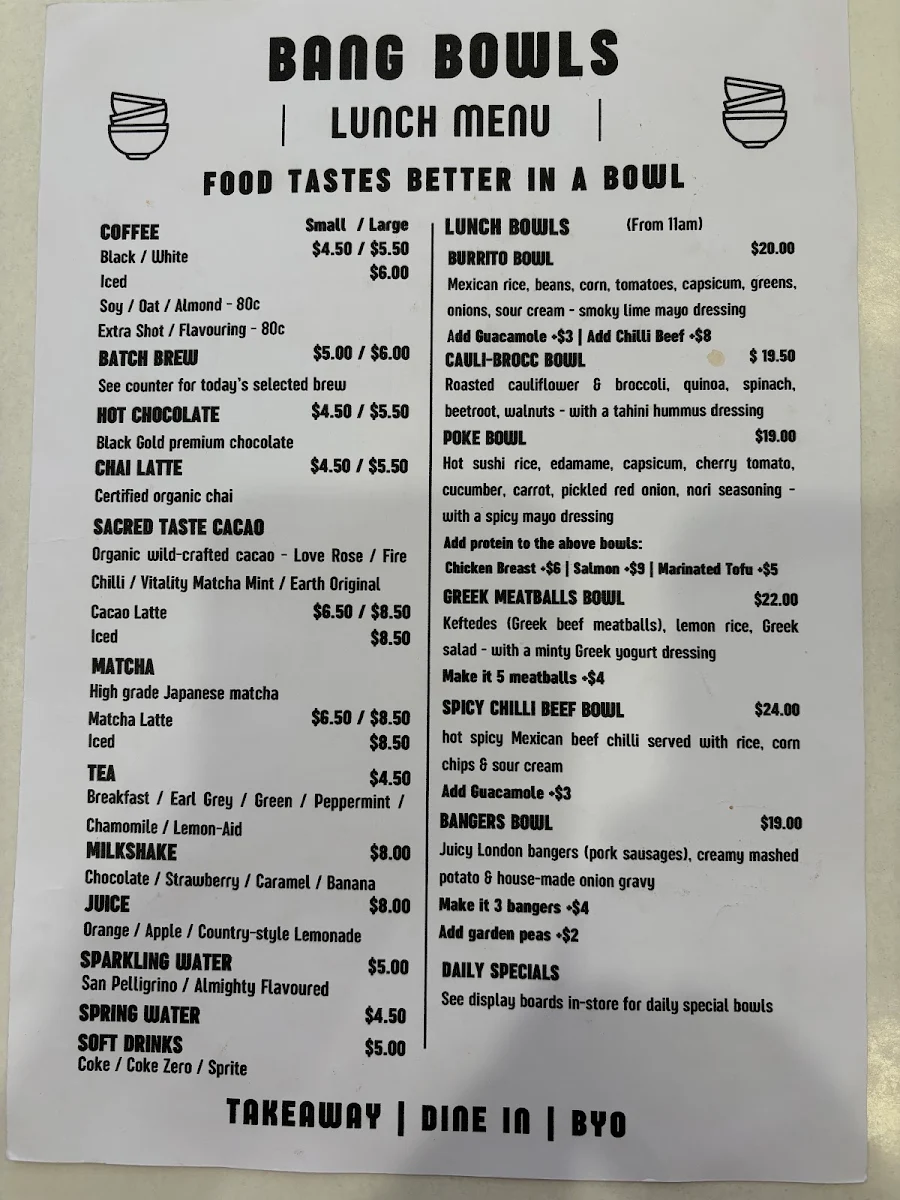 Menu, Bang Bowls