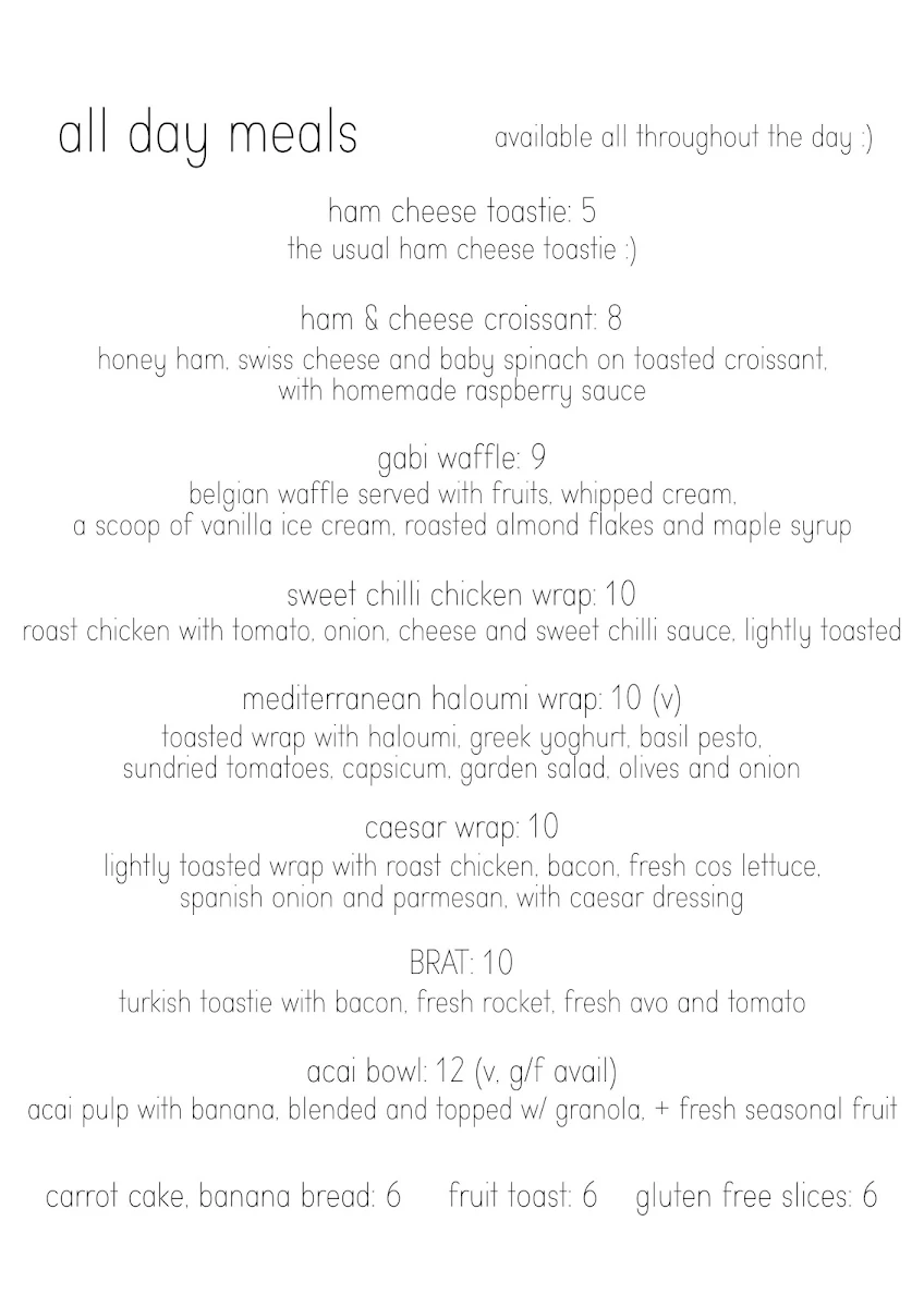 Menu, Gabi Cafe