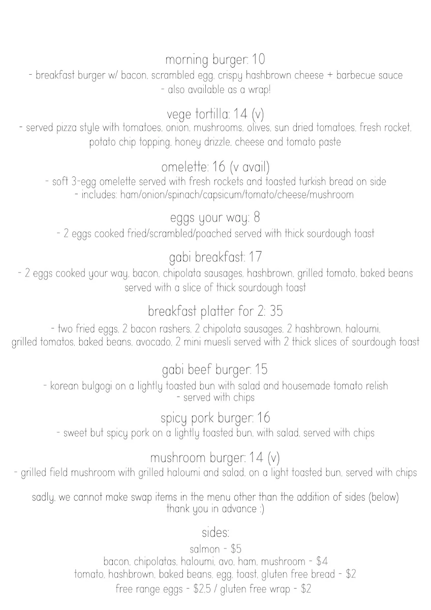 Menu, Gabi Cafe