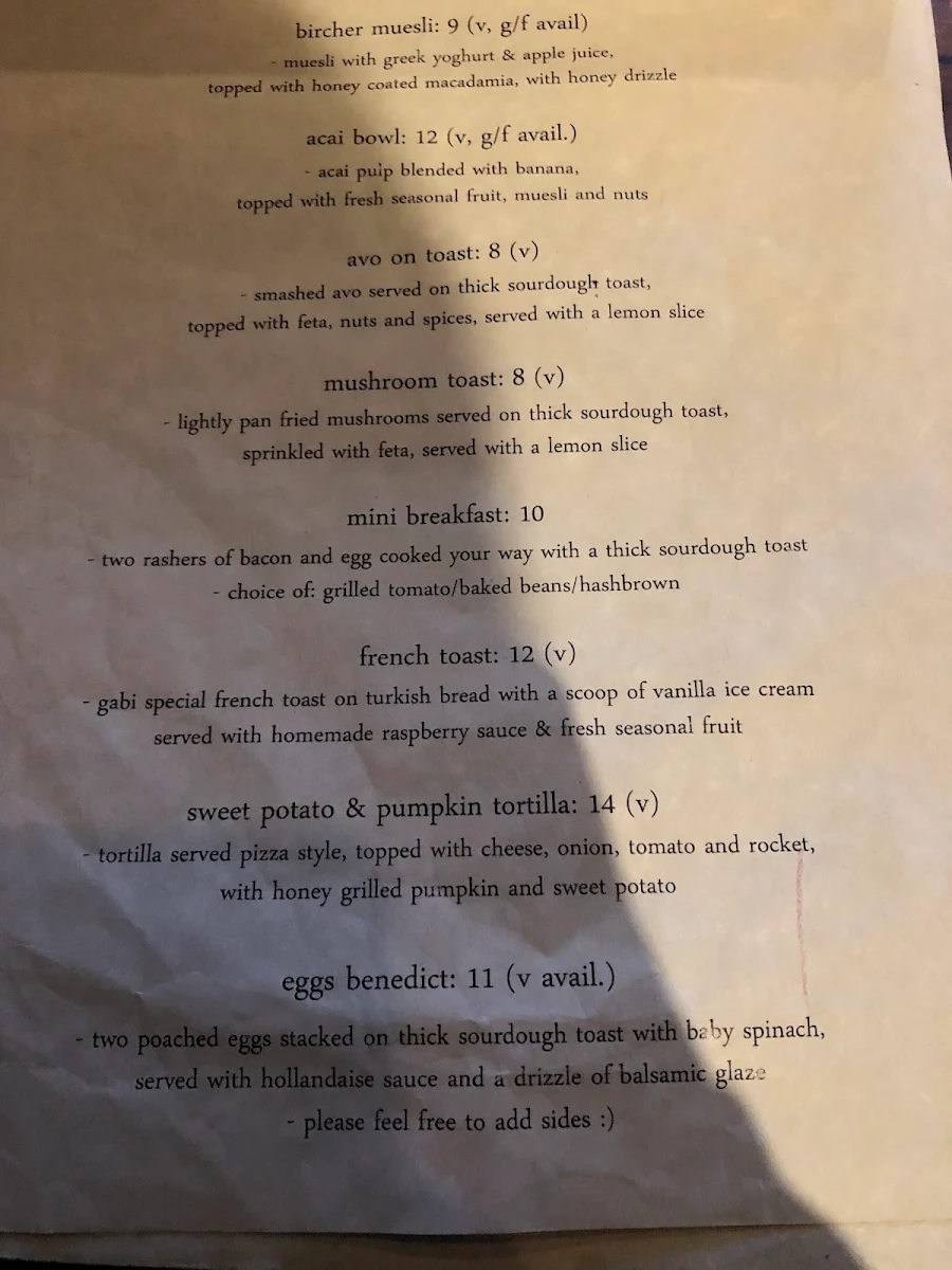Menu, Gabi Cafe
