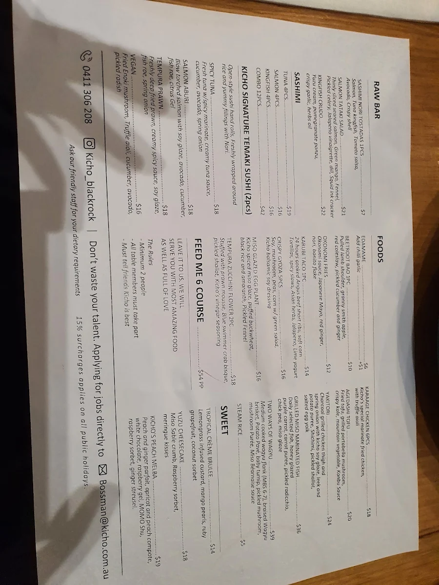 Menu, Kicho