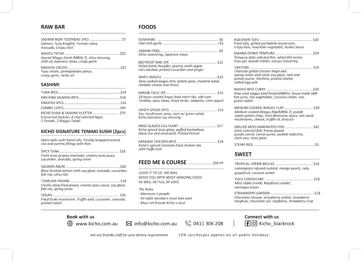 Menu, Kicho