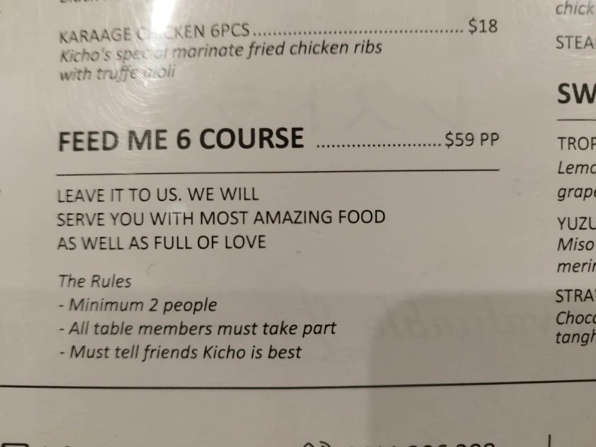Menu, Kicho