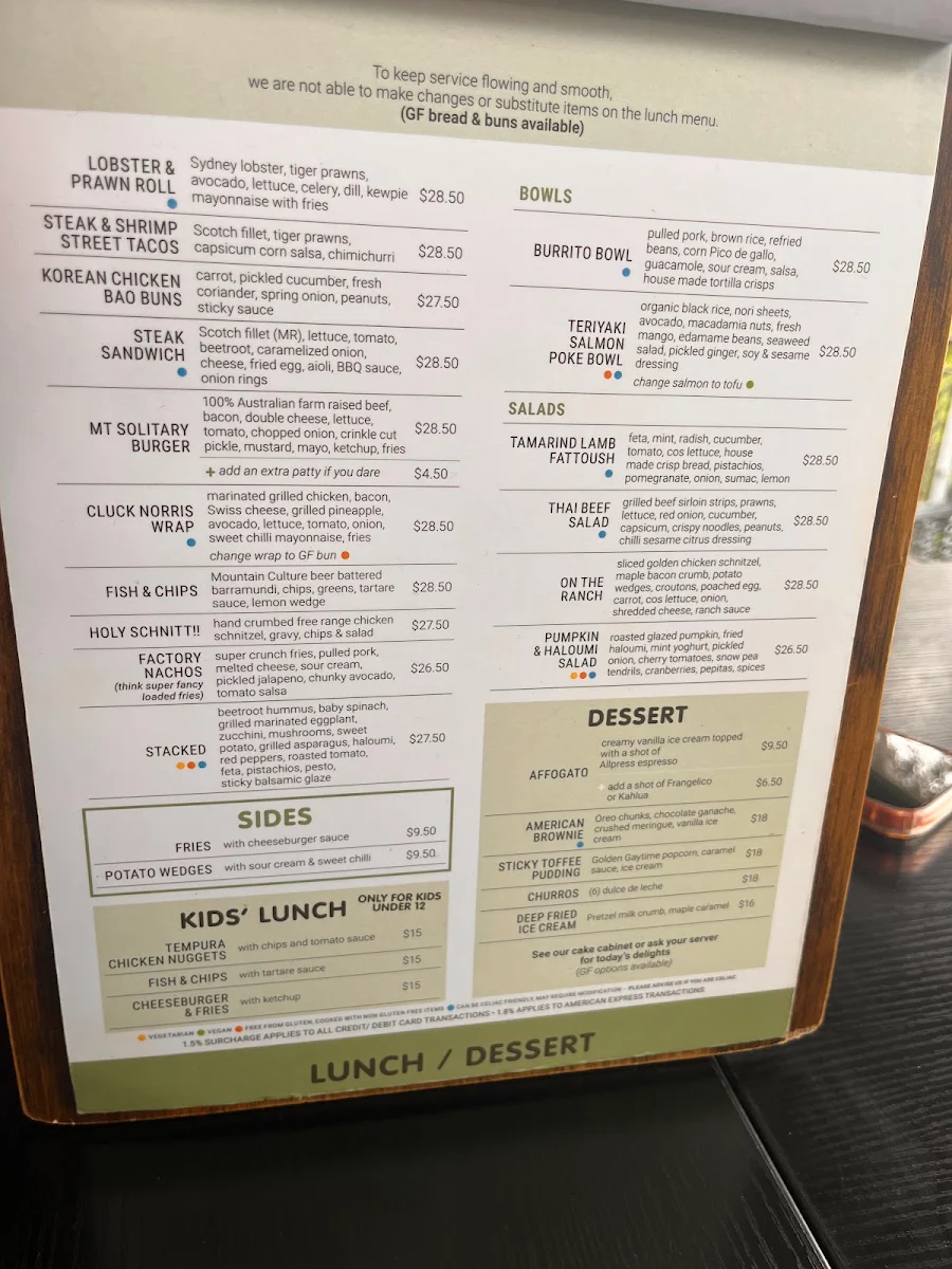 Menu, Conservation Hut Cafe