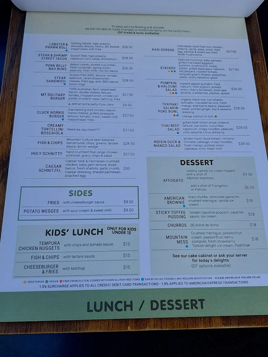 Menu, Conservation Hut Cafe