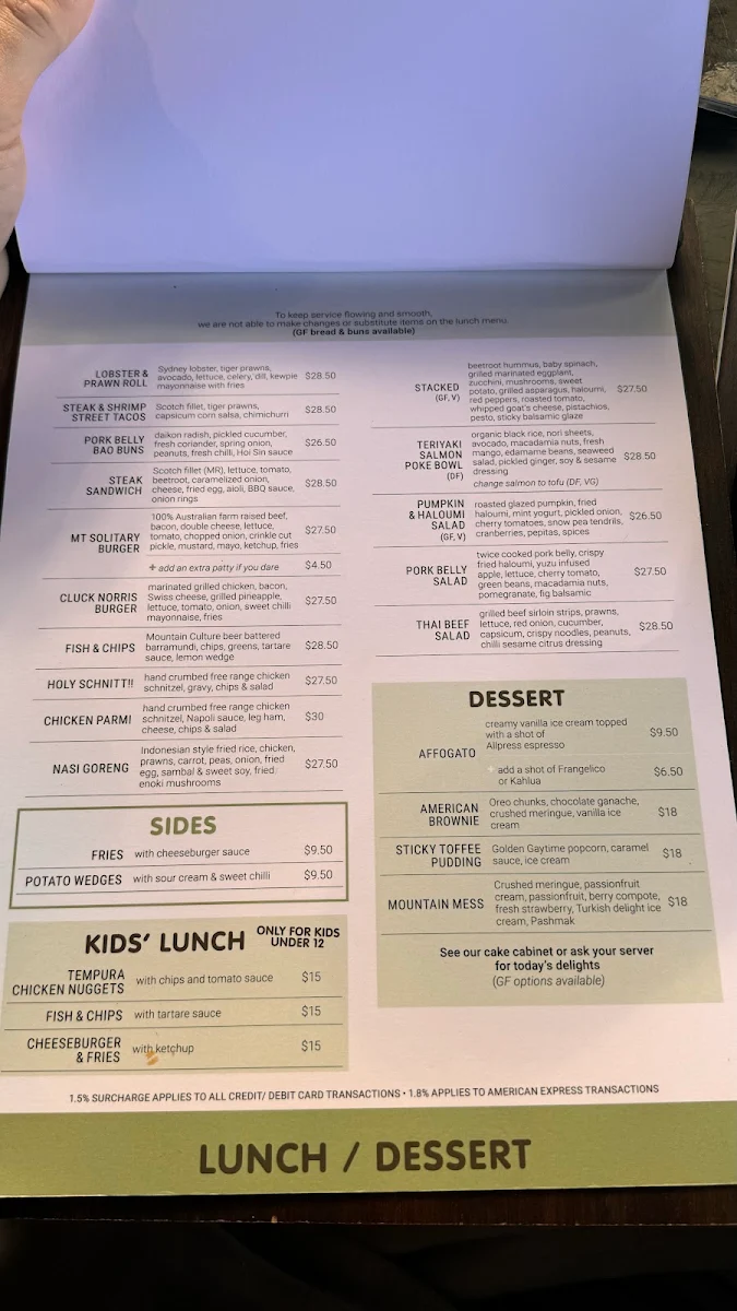 Menu, Conservation Hut Cafe