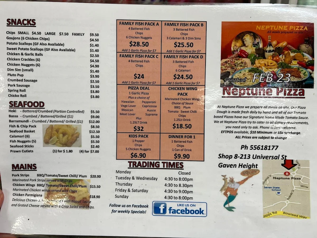 Menu, Neptune Pizza