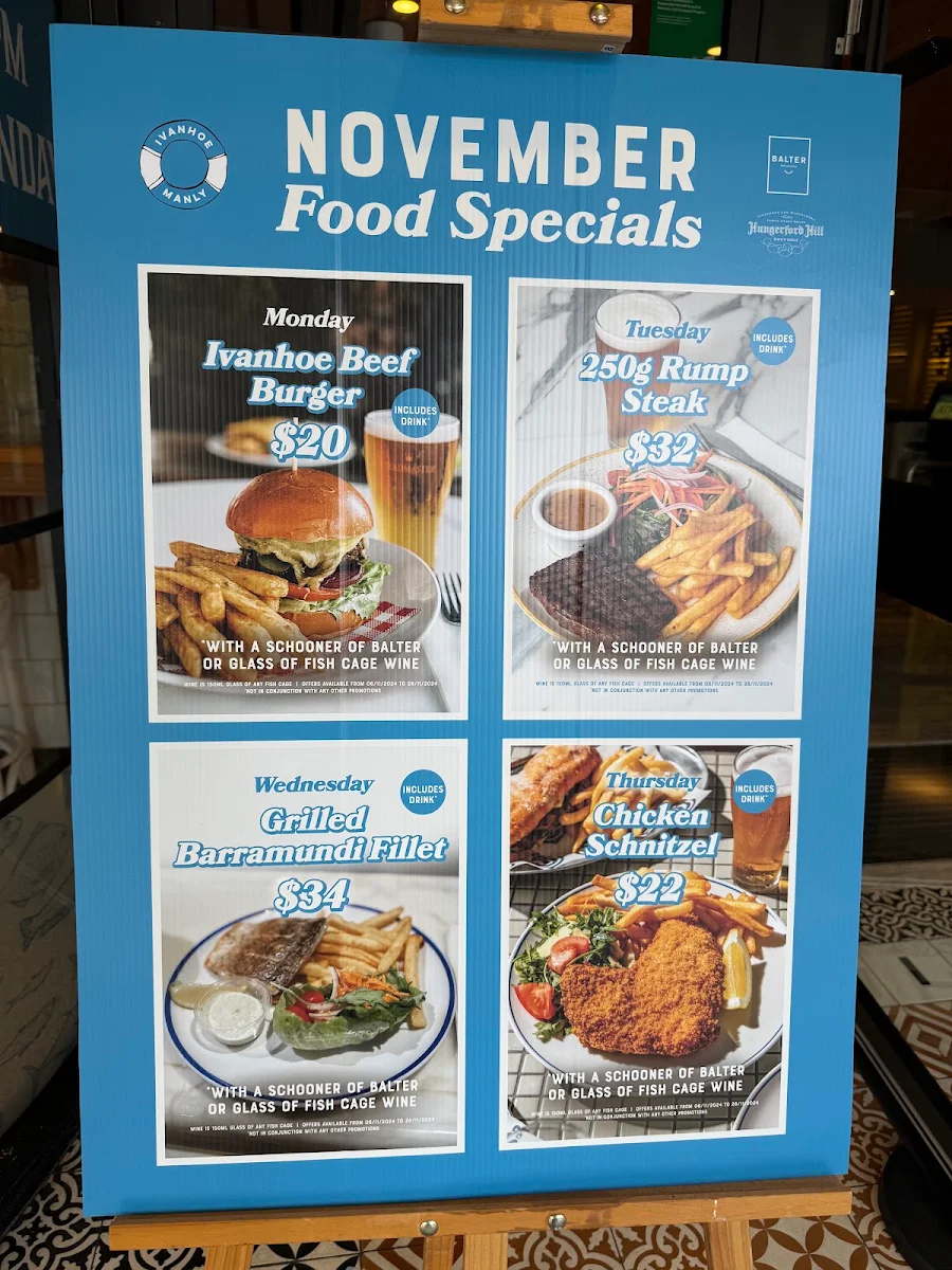 Menu, Ivanhoe Hotel Manly
