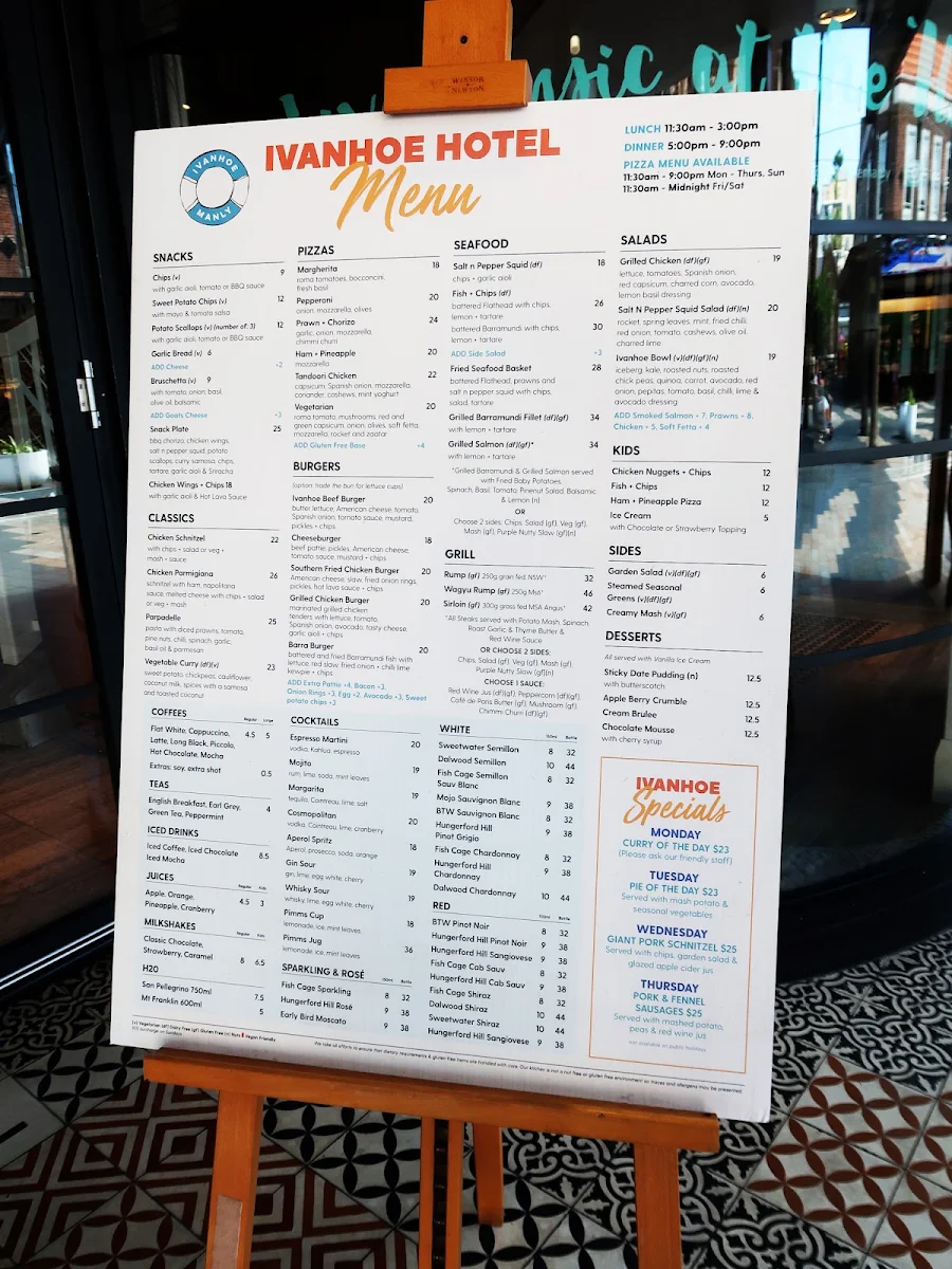 Menu, Ivanhoe Hotel Manly
