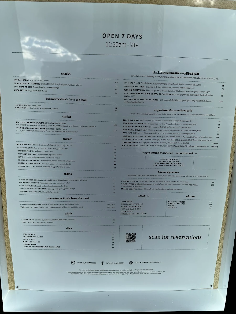 Menu, Fatcow on James St